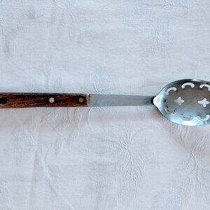 VTG Mel-Jax Stainless Steel Slotted Spoon Wood Handle USA 11.75”